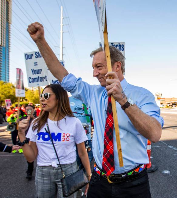 Democratic presidential candidate businessman Tom Steyer shows his support for workers from sev ...