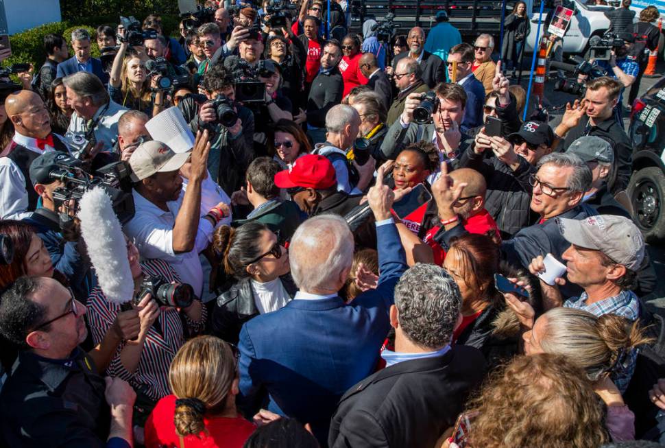 Democratic presidential candidate former Vice President Joe Biden greets workers from seven Sta ...