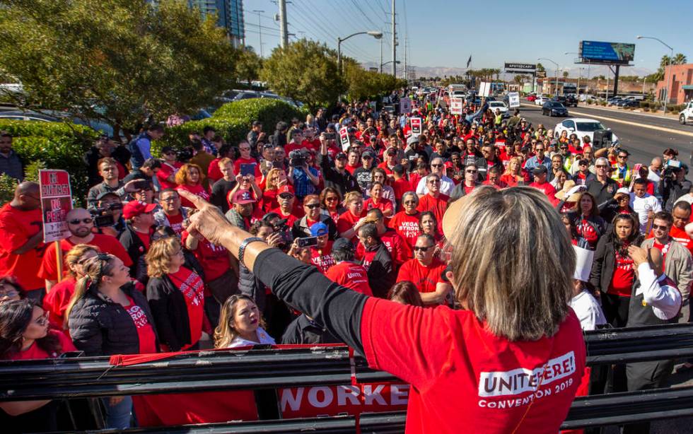 Culinary Union Local 226 Secretary-Treasurer Geoconda Arguello-Kline speaks to workers from sev ...