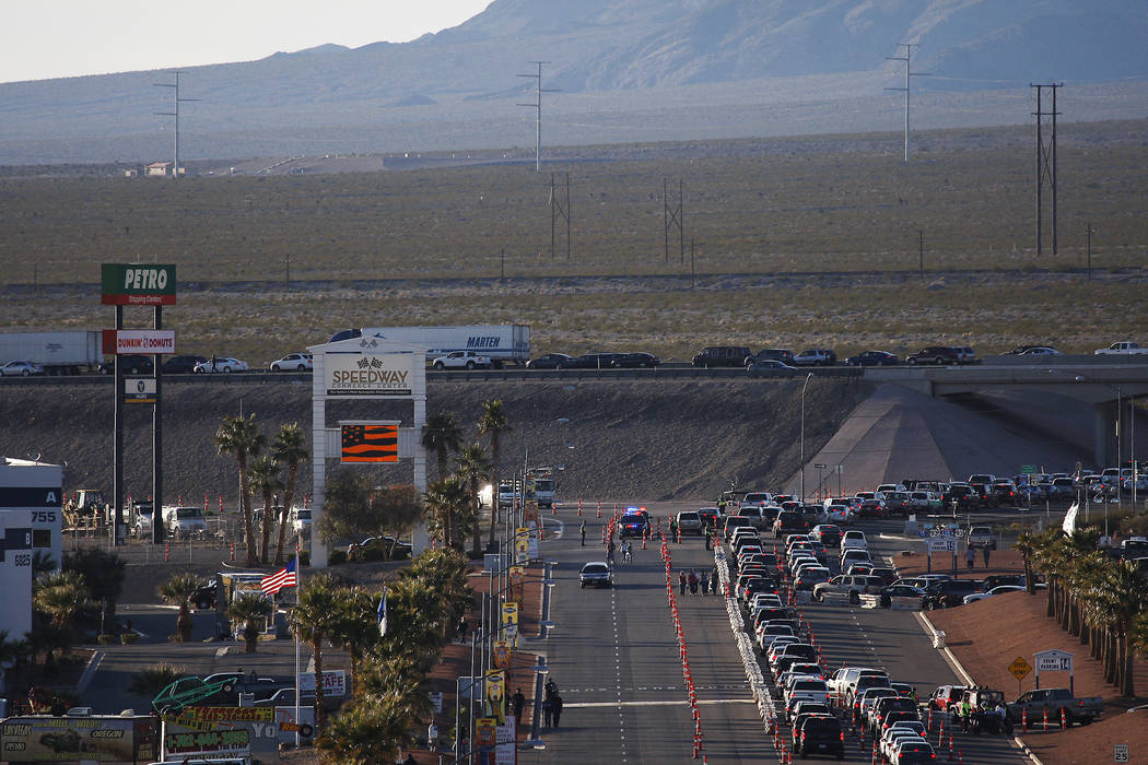 Traffic is seen backed up while trying to access Interstate 15 following a NASCAR race at the L ...