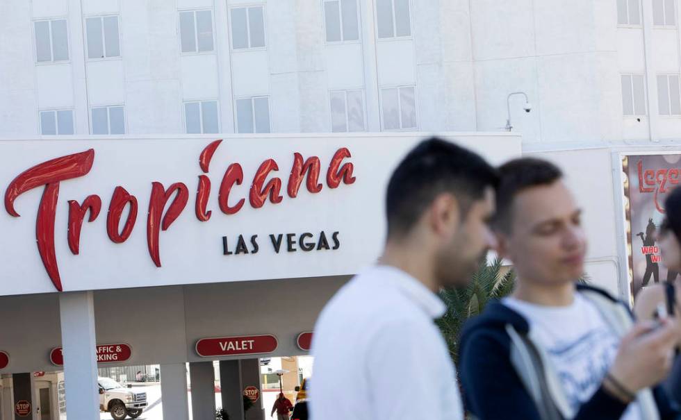 Tourists take photos outside of Tropicana on the Strip on Wednesday, Feb. 19, 2020, in Las Vega ...