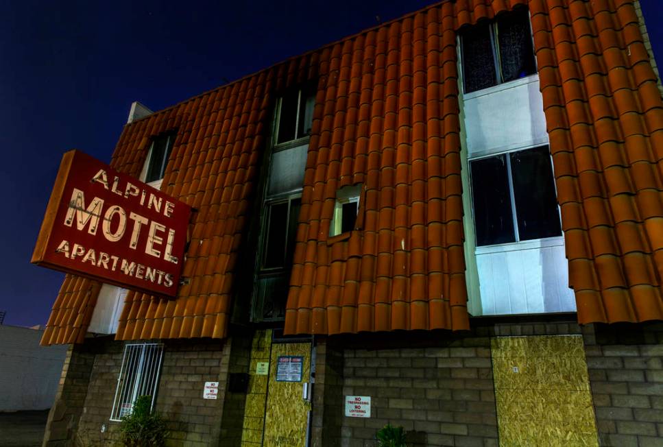 Exterior at night of the Alpine Motel Apartments on Sunday, Feb. 23, 2020, in Las Vegas. The pr ...