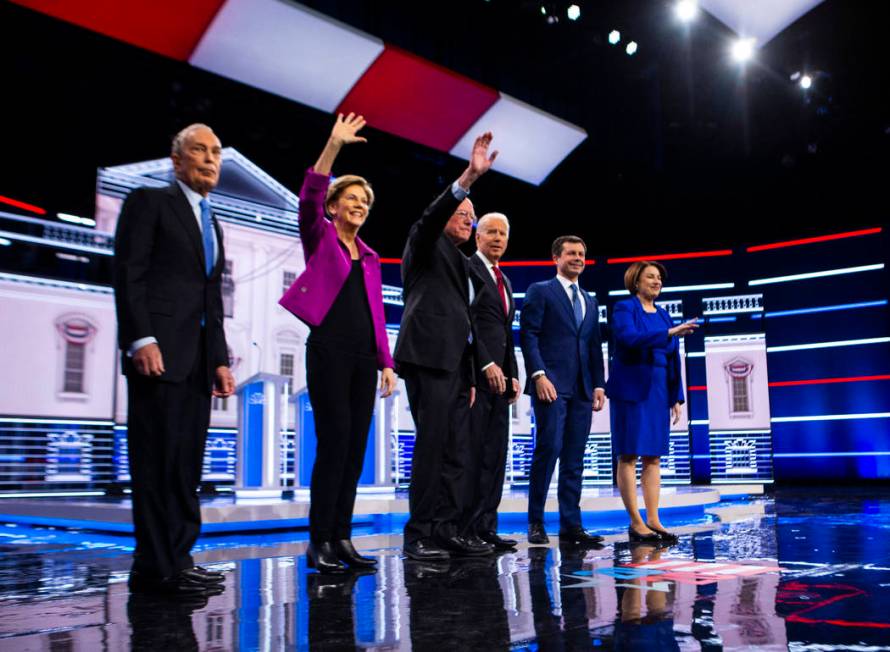 Democratic presidential candidates, from left, former New York City Mayor Michael Bloomberg, Se ...