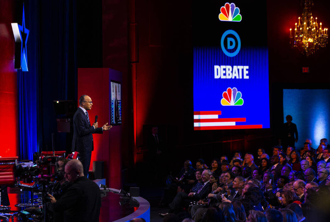 Lester Holt speaks before the start of the Democratic presidential debate at Paris Las Vegas on ...