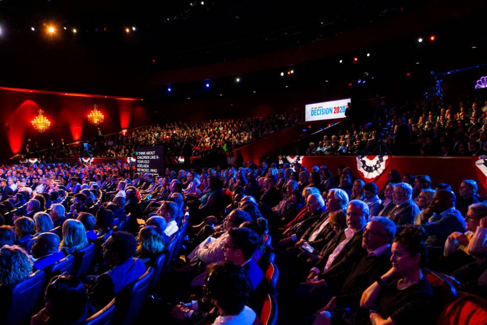 Attendees wait for the start of the Democratic presidential debate at Paris Las Vegas on Wednes ...