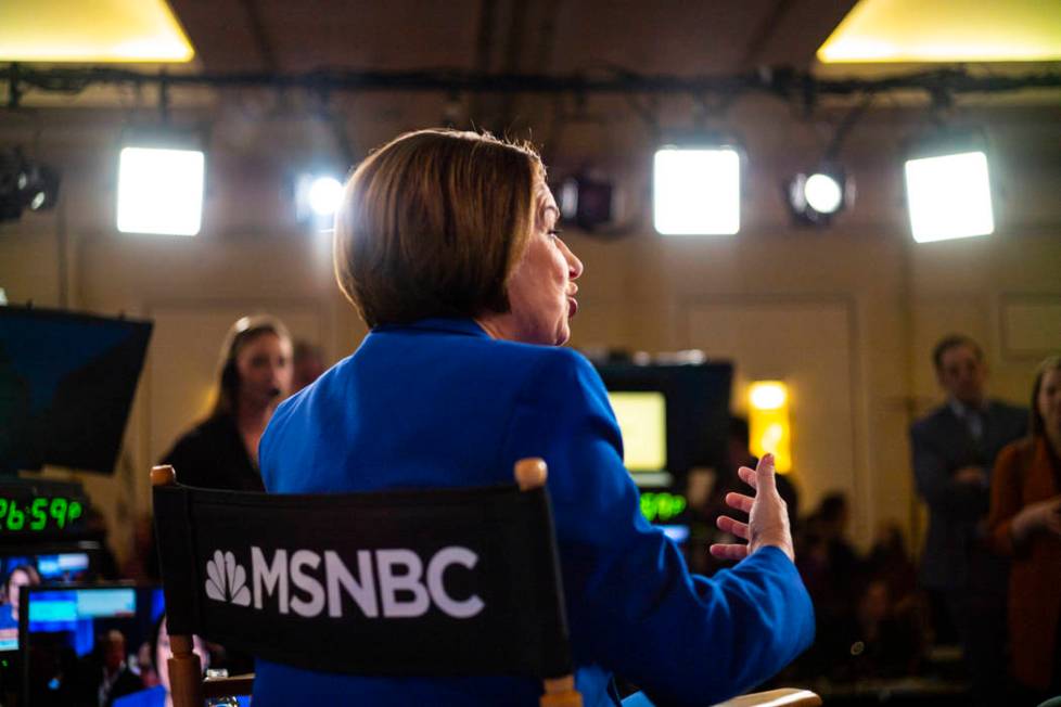 Democratic presidential candidate Sen. Amy Klobuchar, D-Minn., is interviewed in the media spin ...