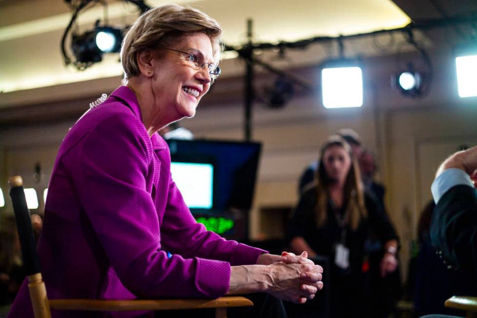 Democratic presidential candidate Sen. Elizabeth Warren, D-Mass., is interviewed in the media s ...