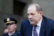 Harvey Weinstein leaves a Manhattan courthouse during his rape trial, Wednesday, Feb. 19, 2020, ...
