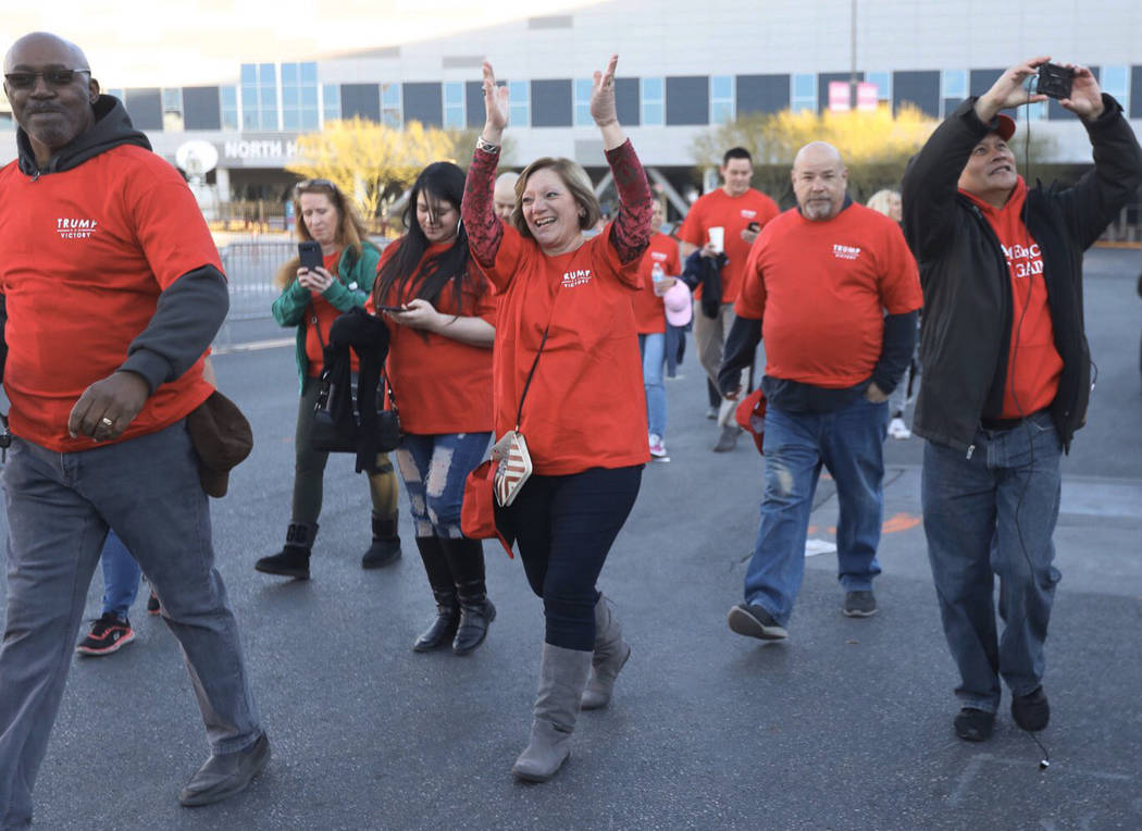 President Tump supporters line up before a campaign rally Friday, Feb. 21, 2020, in Las Vegas. ...