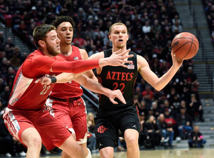 San Diego State guard Malachi Flynn (22) passes in front of UNLV forward Vitaliy Shibel (22) du ...