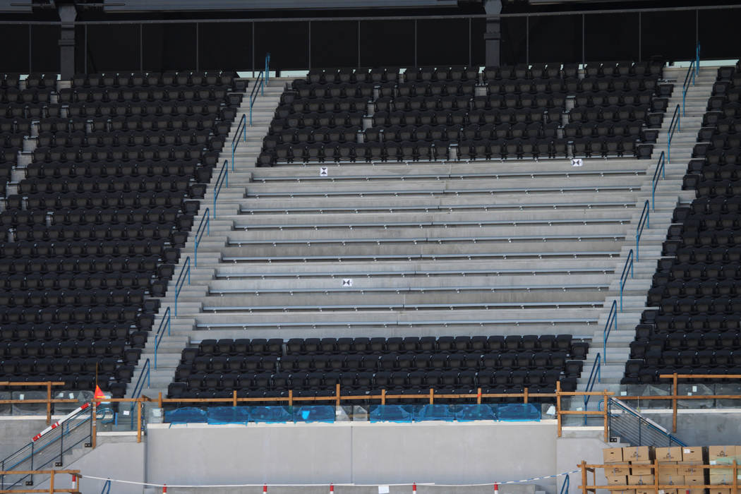Newly installed seating is seen during a tour of the Raiders Allegiant Stadium in Las Vegas, Tu ...