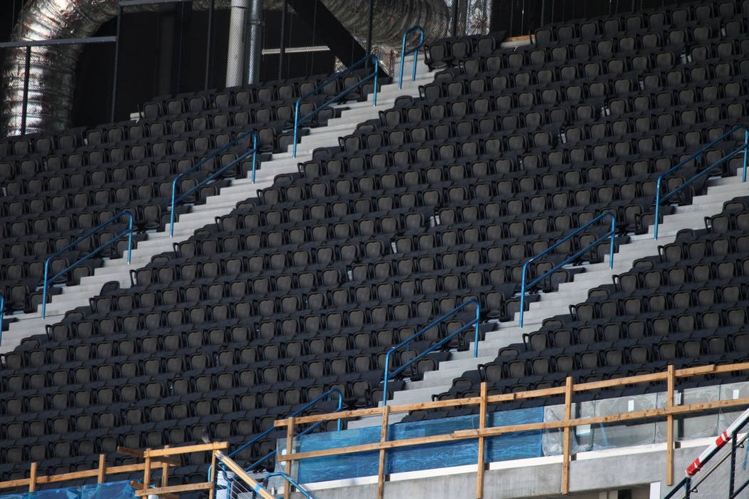 Newly installed seating is seen during a tour of the Raiders Allegiant Stadium in Las Vegas, Tu ...