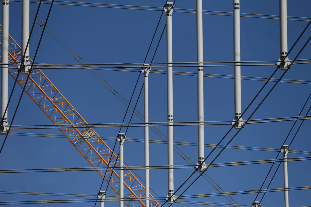 The steel cable net system at the Raiders Allegiant Stadium in Las Vegas, Tuesday, Feb. 18, 202 ...