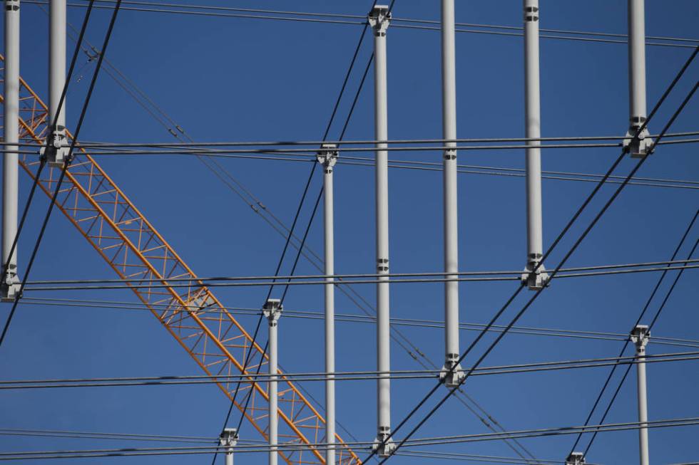 The steel cable net system at the Raiders Allegiant Stadium in Las Vegas, Tuesday, Feb. 18, 202 ...