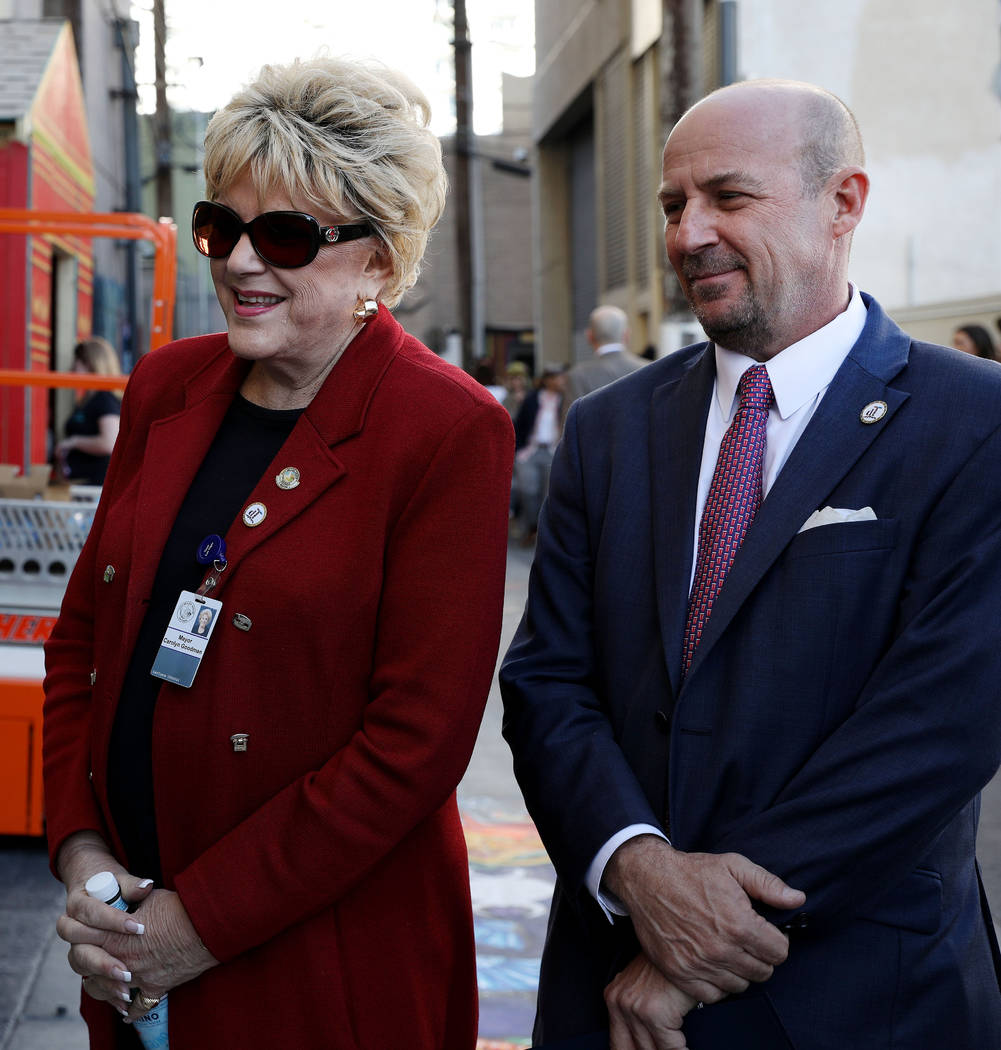 Mayor Carolyn Goodman, left, and developer Todd Kessler watch Jules Kessler play a donated pian ...