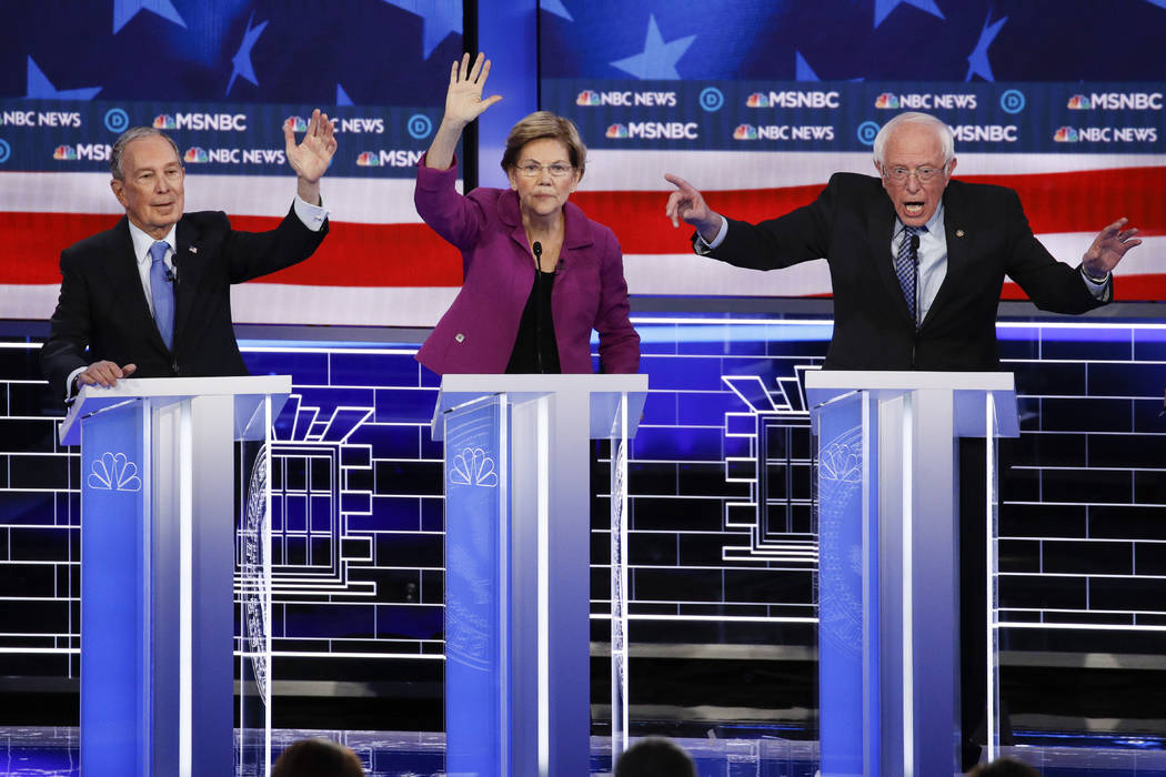 From left, Democratic presidential candidates, former New York City Mayor Mike Bloomberg, Sen. ...