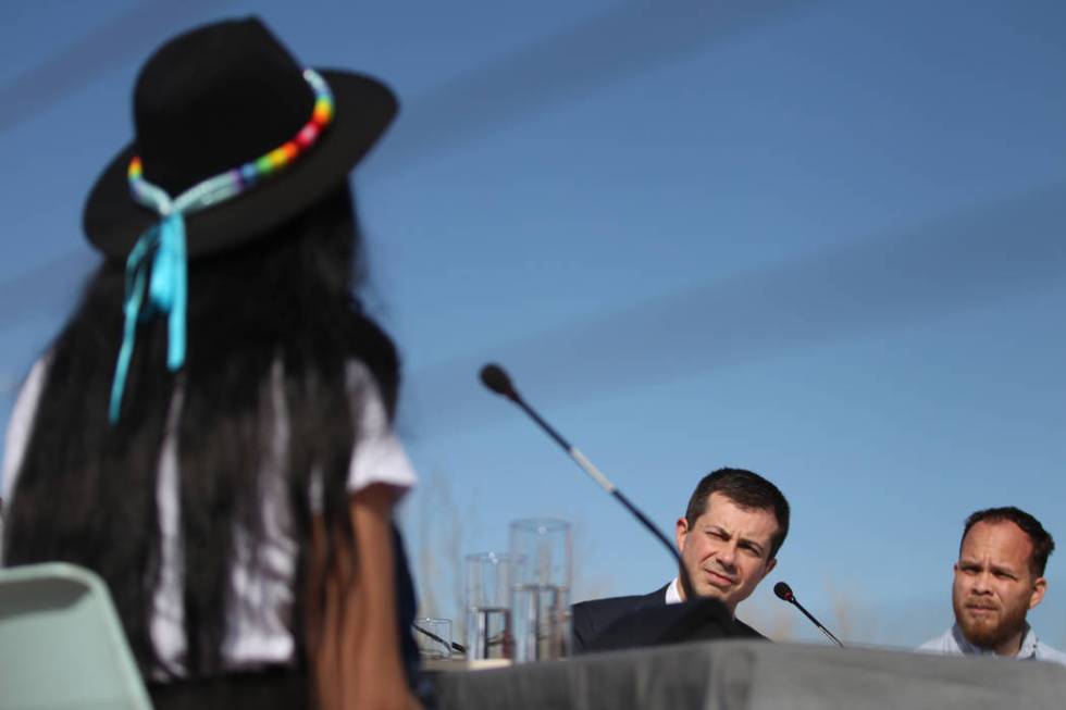 Democratic presidential candidate former South Bend, Ind., Mayor Pete Buttigieg, center, and Ru ...