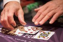 Gamblers play blackjack at SLS Las Vegas on Thursday, May, 30, 2019, in Las Vegas. (Benjamin Ha ...