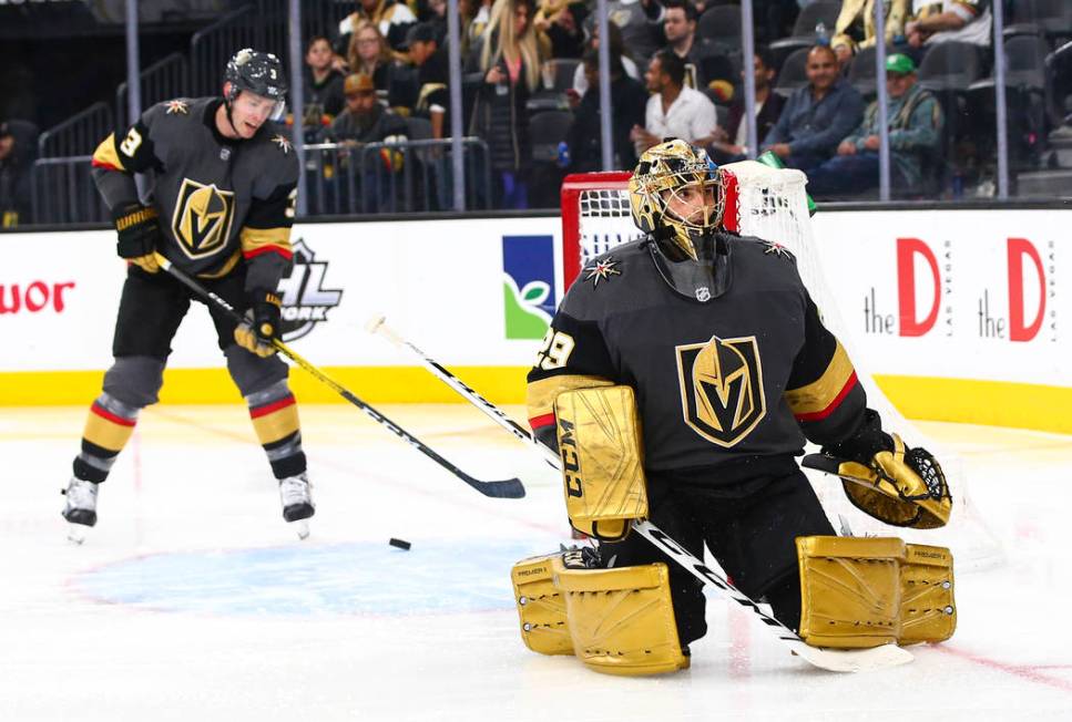 Golden Knights goaltender Marc-Andre Fleury (29) reacts after getting scored on by the Florida ...