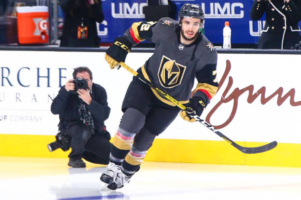 Golden Knights' Gage Quinney (72) skates on the ice while warming up before an NHL hockey game ...