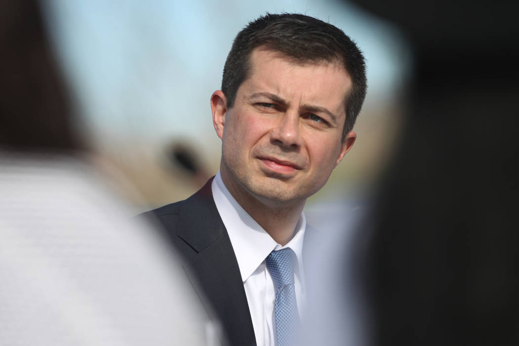 Pete Buttigieg participates during a roundtable discussion on Nevada public lands at Clark Coun ...