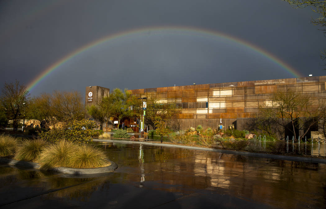 A full rainbow appeared beyond Springs Preserve as Pete Buttigieg was schedule to speak followi ...