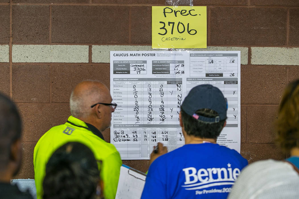 Precinct 3706 captain Jordan Nacov, center, verifies the tally with his members as caucus day v ...