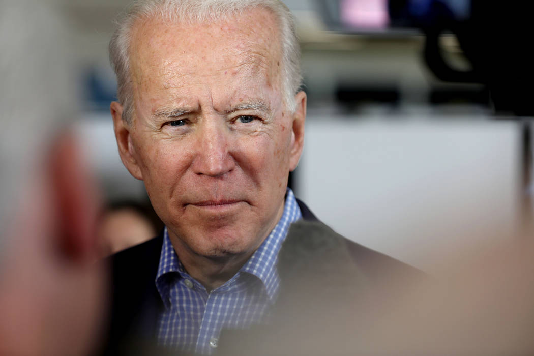 Joe Biden is interviewed before the caucus at Cheyenne High School in North Las Vegas on Saturd ...