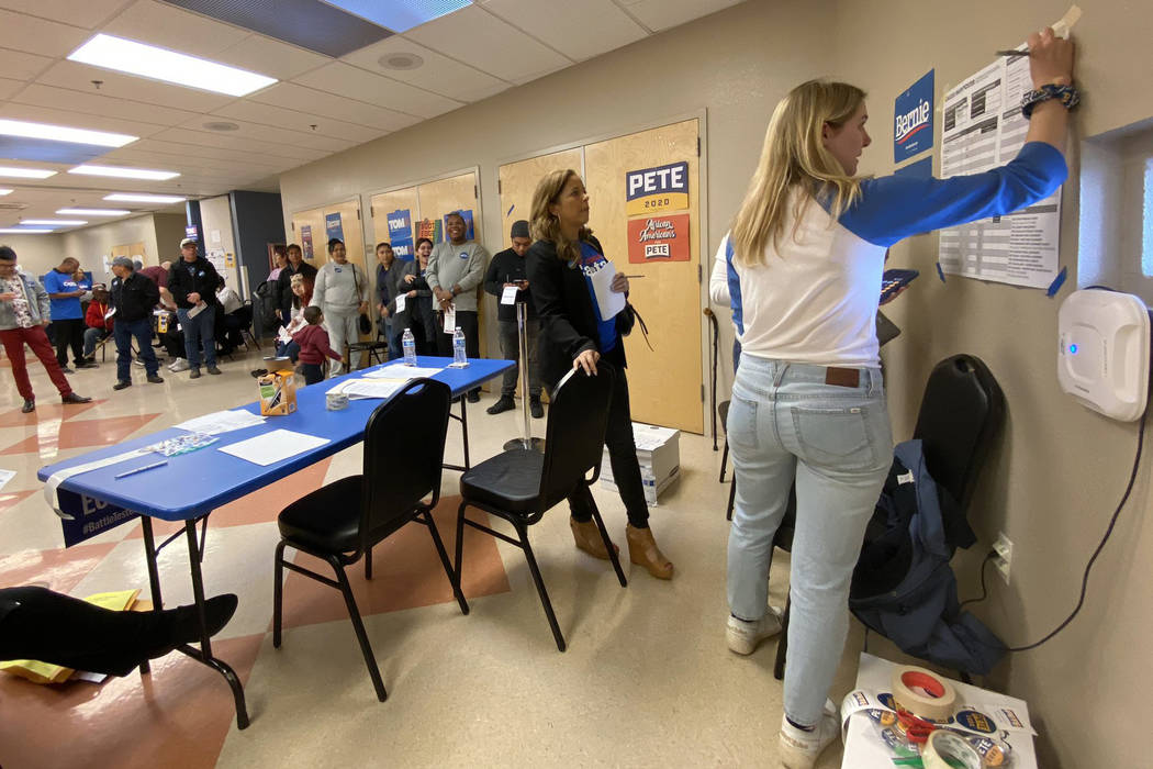 Caucusgoers gather at the Doolittle Community Center on Feb. 22, 2020 in Las Vegas. (Rio Lacanl ...