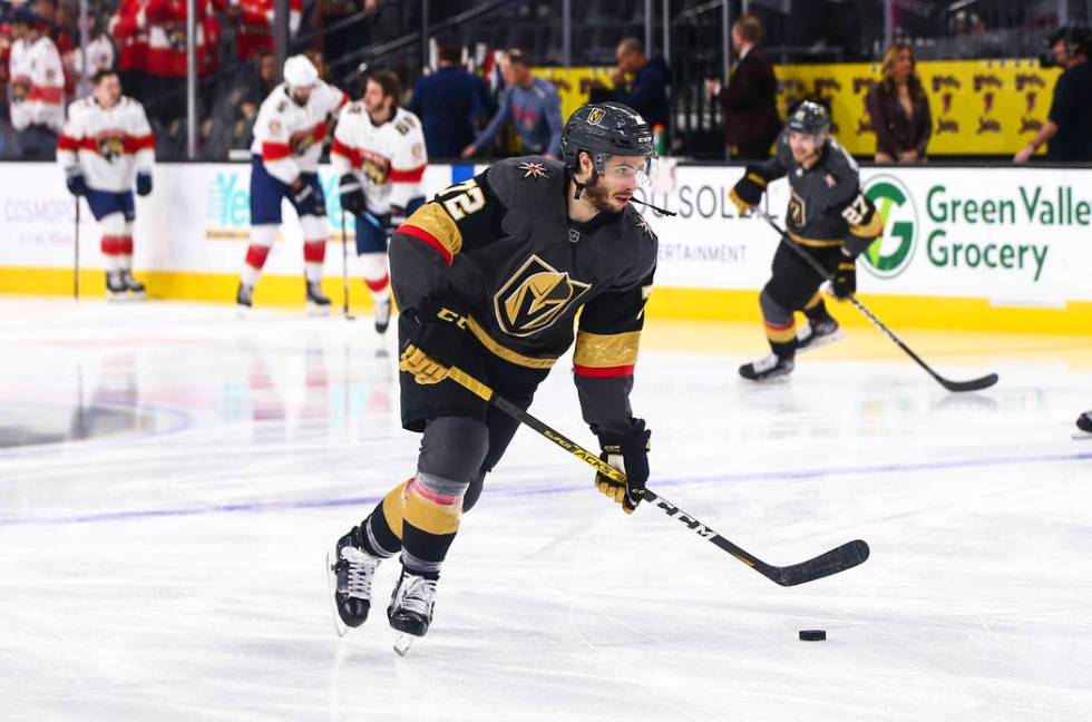 Golden Knights' Gage Quinney (72) skates on the ice while warming up before an NHL hockey game ...