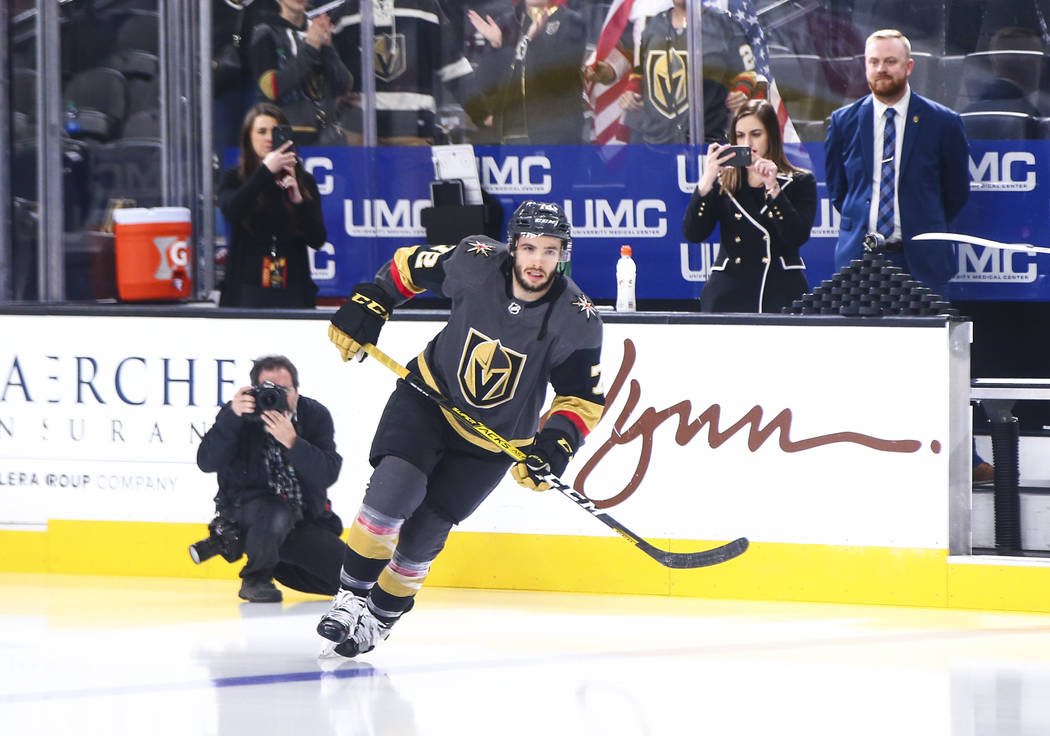 Golden Knights' Gage Quinney (72) skates on the ice while warming up before an NHL hockey game ...