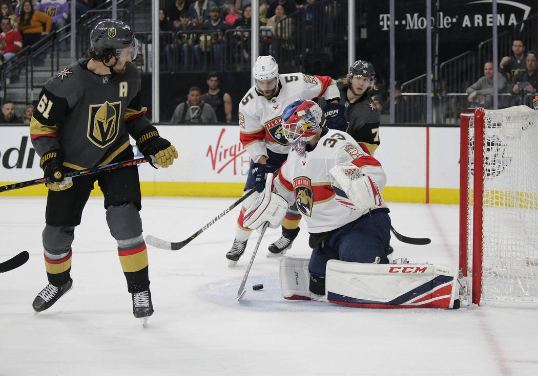 Florida Panthers goaltender Sam Montembeault (33) blocks the puck during the second period of t ...