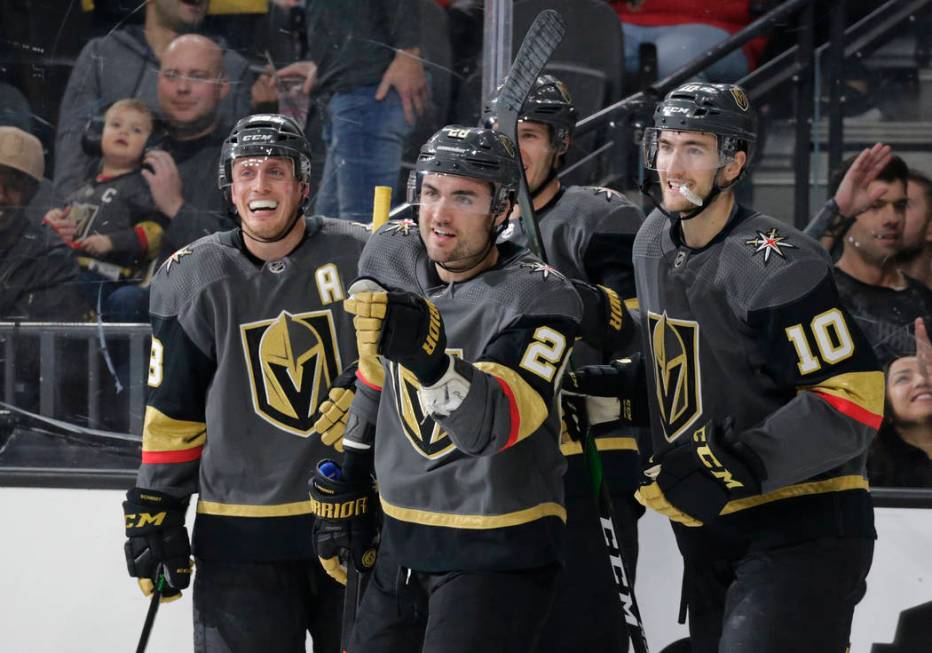 Vegas Golden Knights left wing William Carrier (28) celebrates after scoring a goal against the ...