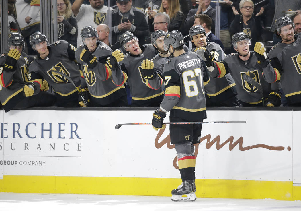 Vegas Golden Knights left wing Max Pacioretty (67) skates to the bench after scoring a goal in ...
