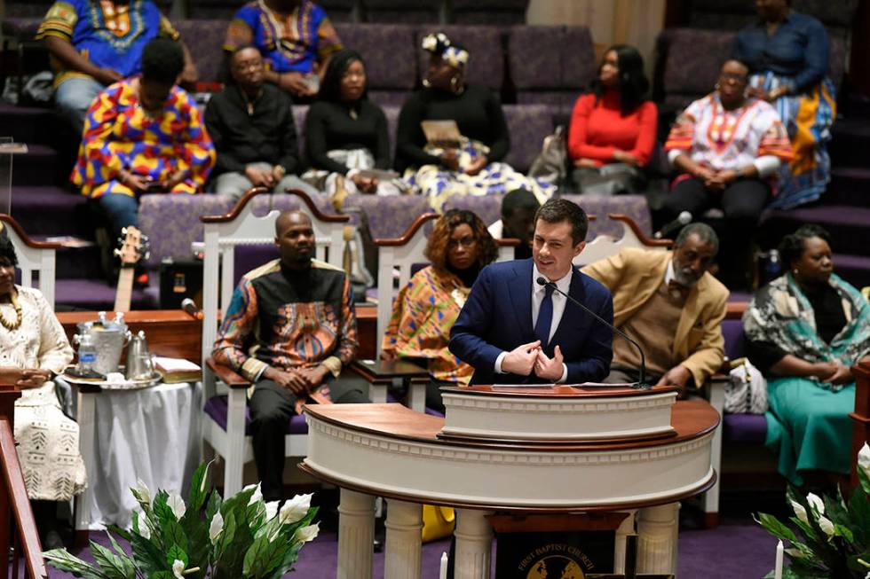 Democratic presidential candidate Pete Buttigieg speaks at First Baptist Church on Sunday, Feb. ...