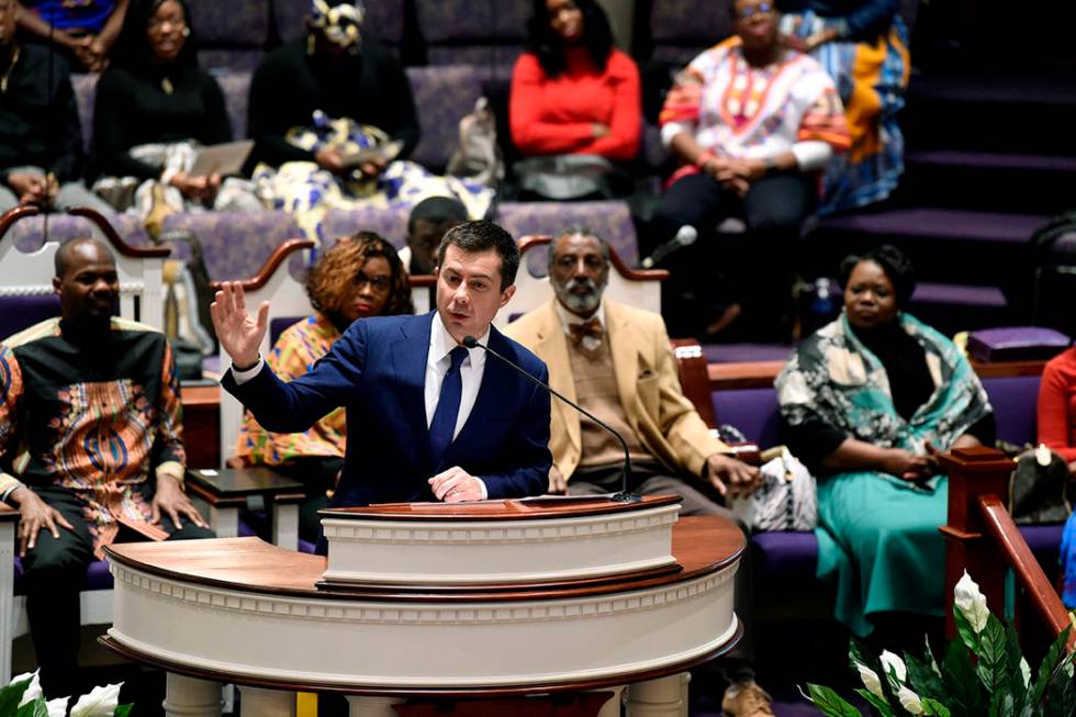 Democratic presidential candidate Pete Buttigieg speaks at First Baptist Church on Sunday, Feb. ...