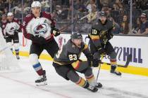Vegas Golden Knights center Patrick Brown (23) and Vegas Golden Knights center Nicolas Roy (10) ...