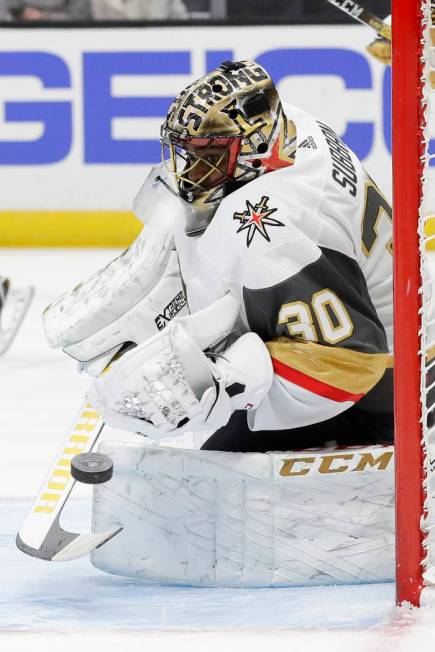 Vegas Golden Knights goaltender Malcolm Subban blocks a shot during the second period of an NHL ...