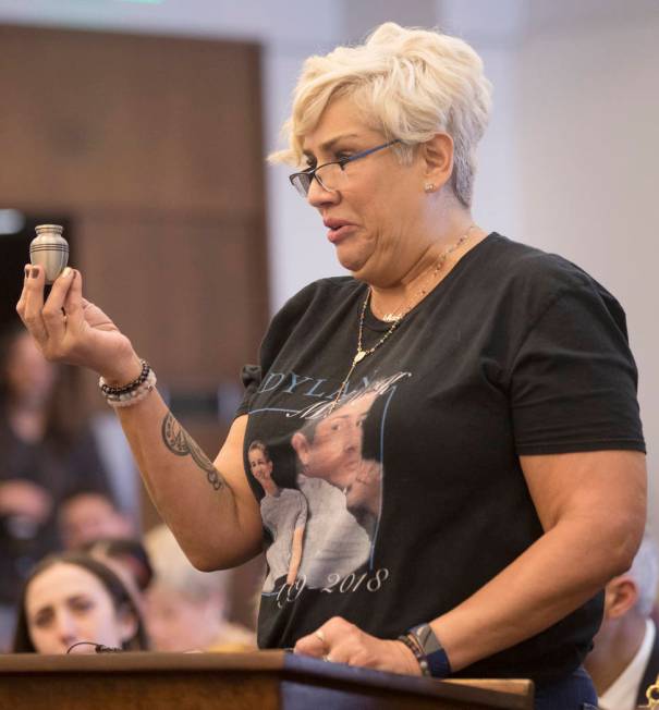 Renee Mack holds the ashes of her son during her victim impact statement at the sentencing of B ...