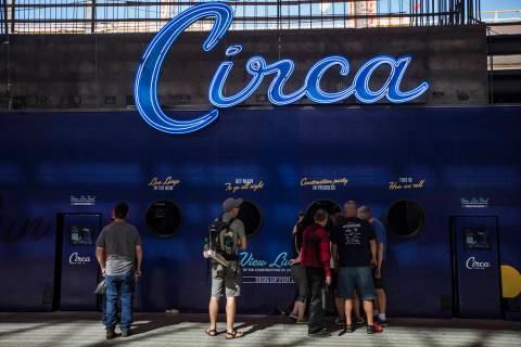 People catch a glimpse of Circa, the new hotel-casino by owners Derek and Greg Stevens that's e ...