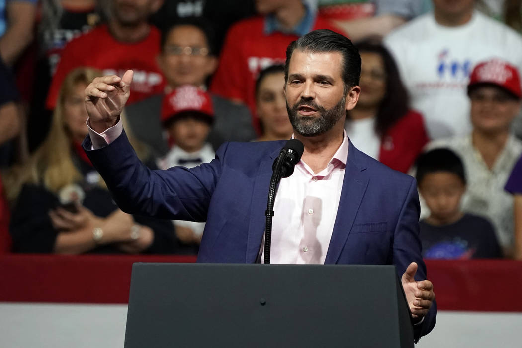 In this Feb. 19, 2020 file photo Donald Trump Jr. speaks at a rally before his dad and Presiden ...