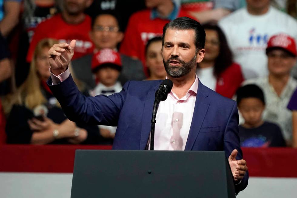 In this Feb. 19, 2020 file photo Donald Trump Jr. speaks at a rally before his dad and Presiden ...