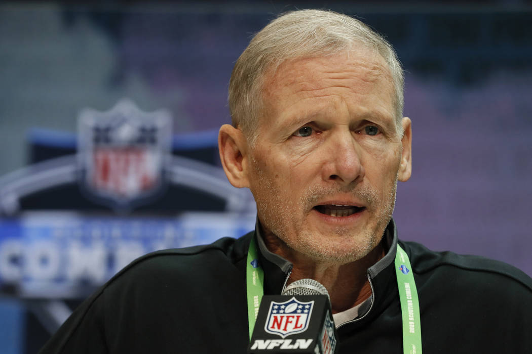 Las Vegas Raiders general manager Mike Mayock speaks during a press conference at the NFL footb ...