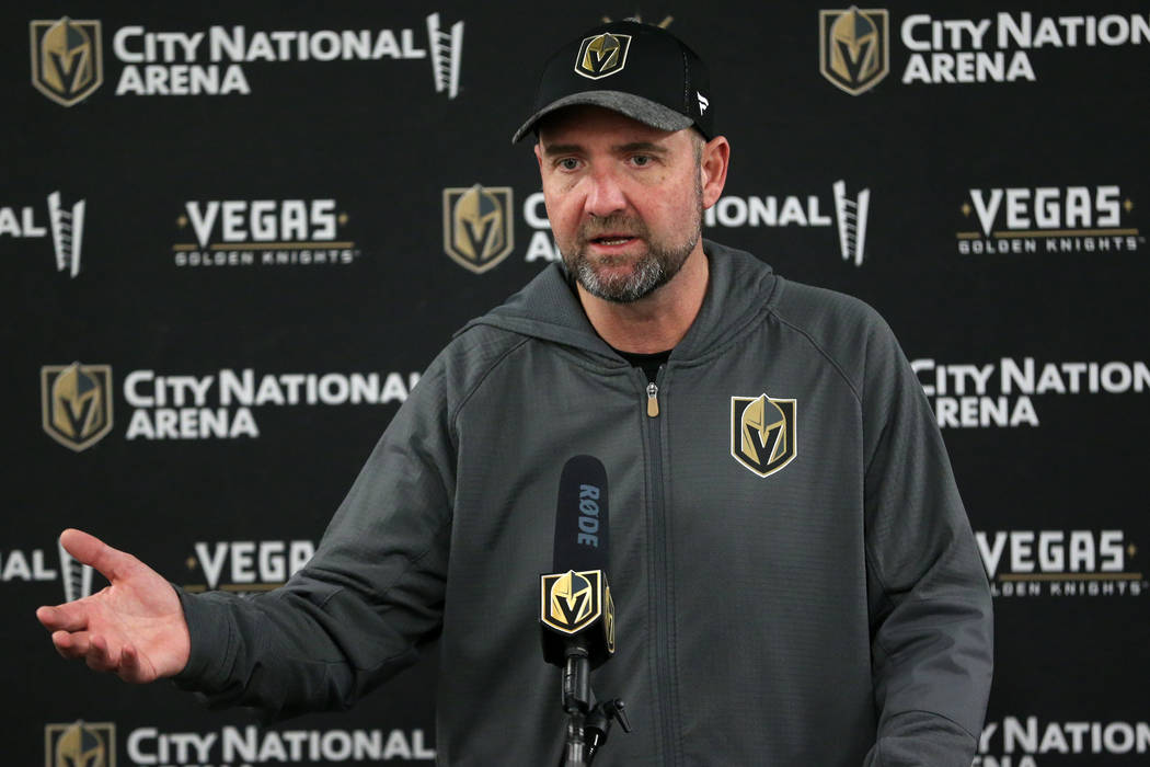 Vegas Golden Knights coach Peter DeBoer during a press conference following a team practice at ...
