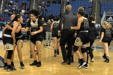 Spring Valley celebrates its 39-37 win over Bishop Manogue in the quarterfinals of the Class 4A ...