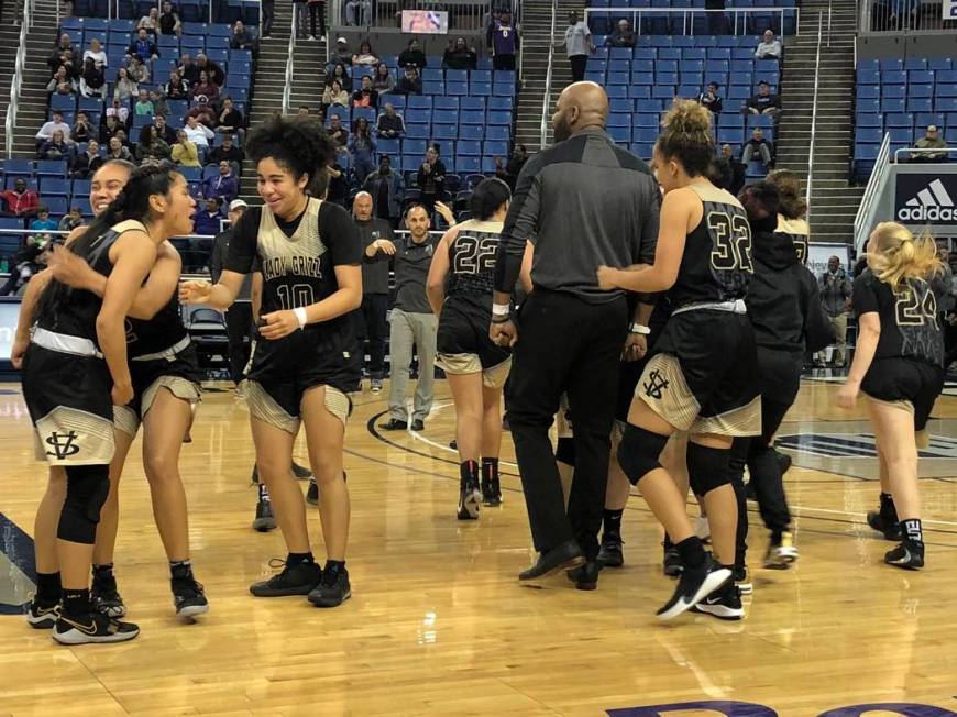 Spring Valley celebrates its 39-37 win over Bishop Manogue in the quarterfinals of the Class 4A ...