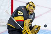 Vegas Golden Knights goaltender Marc-Andre Fleury (29) deflects another shot on goal from the W ...