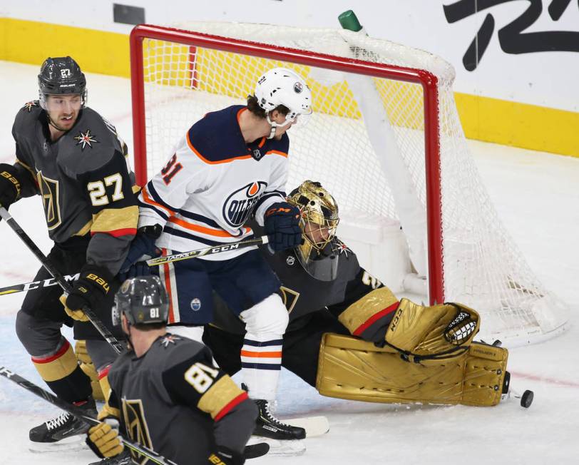 Vegas Golden Knights goaltender Marc-Andre Fleury (29) makes a save against Edmonton Oilers cen ...