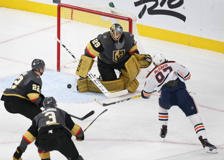 Vegas Golden Knights goaltender Marc-Andre Fleury (29) makes a save against Edmonton Oilers cen ...