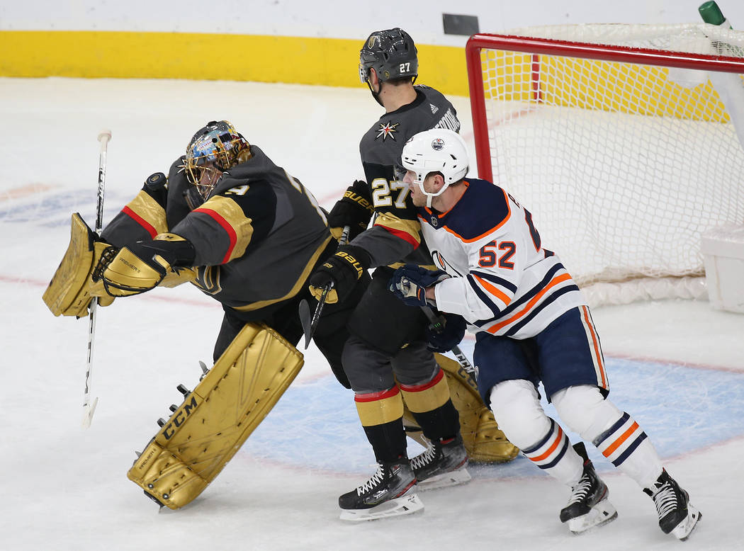 Vegas Golden Knights goaltender Marc-Andre Fleury (29) makes a save against Edmonton Oilers rig ...